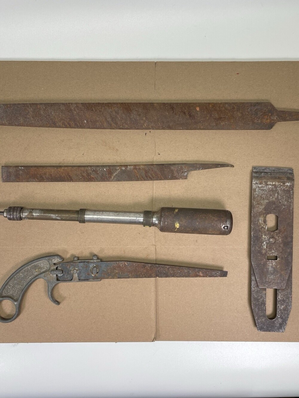 Vintage Tool Lot Yankee No 41 Push Drill Great Neck Saw Files Rusty Antique Tool